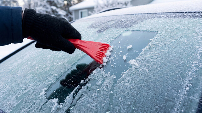 Winter car maintenance with ice scraper removing frost from windshield on cold day. Frosty windshield requires attention with efficient ice scraper as part of winter car care.