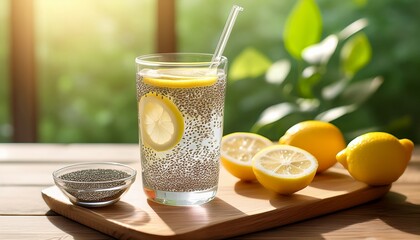 Refreshing Lemon Water With Chia Seeds In A Clear Glass With A Glass Straw On A Wooden Board In Natural Light