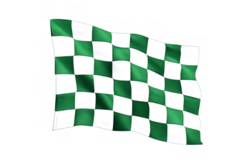 Green checkered flag waving in motion, representing the start or finish of a race, competition, or achieving success