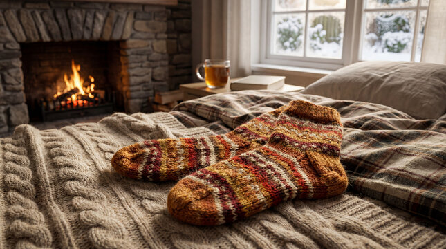 Cozy winter scene with warm knitted socks on bed and fireplace glowing in background. Winter atmosphere includes soft bedding and window view of snow. Perfect cozy winter concept for relaxing moments.