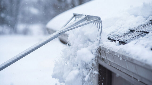 Snow removal with a roof rake clearing fresh snow from the rooftop. Snow accumulating on roof demonstrates winter weather conditions and snow maintenance.