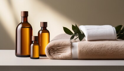 Spa Inspired Photo Of Elegant Bottles Beside A Soft Folded Towel On A Calming Neutral Toned Background