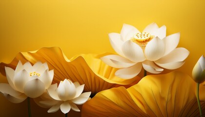 Elegant White Lotus Flowers Blooming With Yellow Background Serene Floral Scene