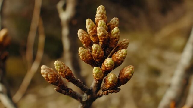 Close-up of yellow pine cone on branch against outdoor backdrop.