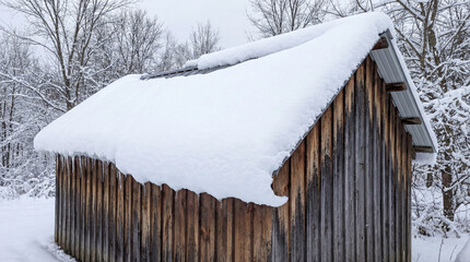 Snow-covered cabin in winter landscape with white flakes gently resting on roof. Cabin features rustic wooden texture harmoniously integrated within snowy trees, creating peaceful winter scene.