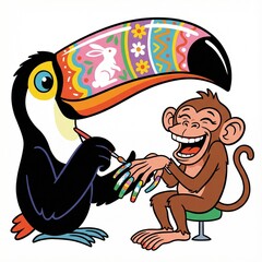 A cartoon toucan with a painted beak like an Easter egg, painting a monkey's nails, on a white background.