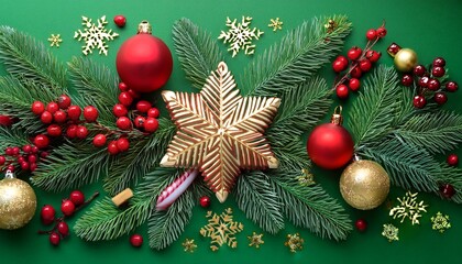 A Vibrant Green Background Covered In Fresh Pine Needles Red Holly Berries And An Assortment Of Golden And Red Christmas Ornaments Including Snowflakes Candy Canes And Baubles