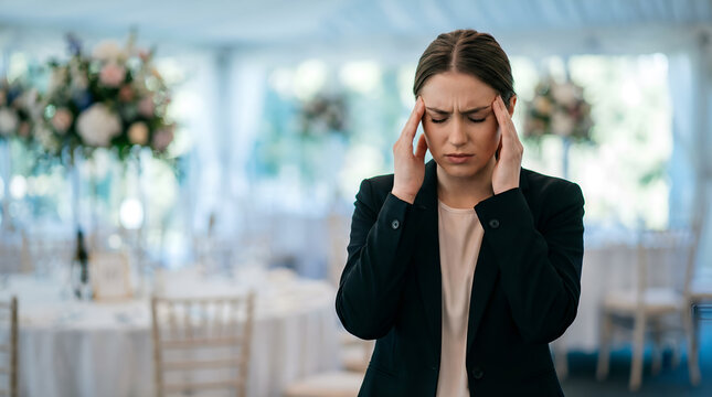 Stressed wedding planner rubbing her temples in a decorated formal reception hall while feeling overwhelmed by event coordination and pressure.