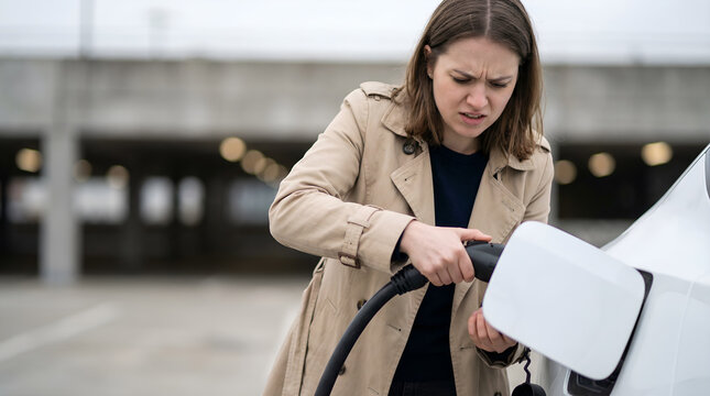 Frustrated EV owner struggling to charge an electric car in a parking garage while looking confused and annoyed.