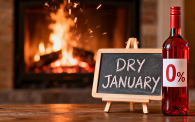 Dry January text on chalkboard with non-alcoholic red wine bottle. Zero percent label drink in front of warm fireplace background