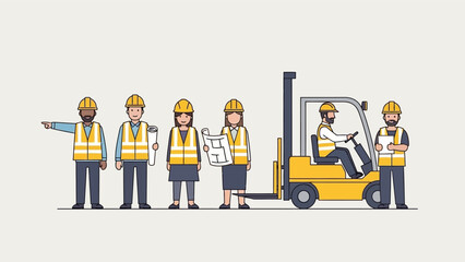 Warehouse workers in safety gear operating forklift and collaborating on logistics task.