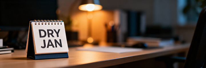 Dry January calendar on wooden desk with warm lighting. Alcohol-free month resolution concept. Panoramic banner with copy space