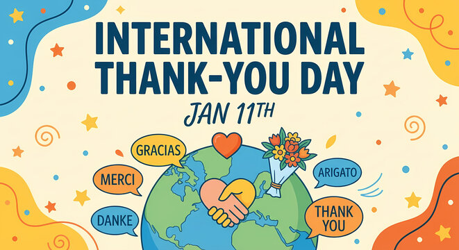 Illustration celebrating International Thank-You Day on January 11th, featuring a globe with diverse hands shaking and 'thank you' in multiple languages.