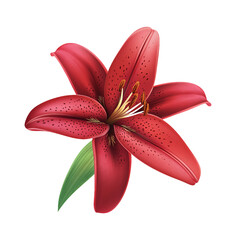 Realistic Red Lily Flower with Speckled Petals, Stamens, and Single Green Leaf on Transparent Background