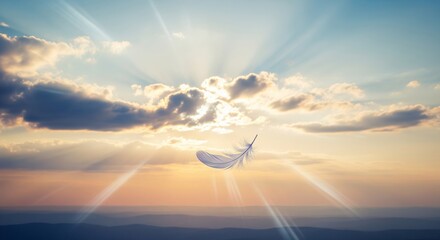 A pristine white feather gently drifts across a breathtaking sky, bathed in radiant sun rays during a serene sunrise or sunset, evoking feelings of freedom, hope, and spiritual peace