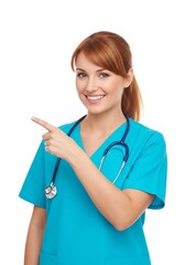 Smiling female healthcare professional in vibrant blue scrubs with a stethoscope, confidently pointing to the side, conveying professionalism and helpful guidance to viewers