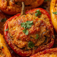 Stuffed bell peppers filled with a savory mixture, garnished with fresh herbs