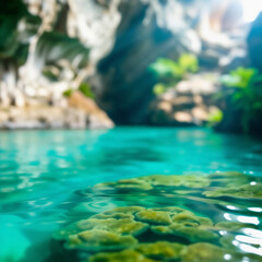 A serene underwater scene featuring clear turquoise water and vibrant coral formations