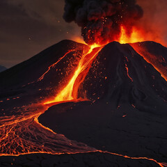 A volcanic eruption with lava flowing down sides of a mountain