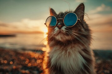 Adorable close up of a cat wearing stylish sunglasses at the beach during a stunning sunset