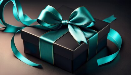 elegant black gift box with teal ribbon generated by ai