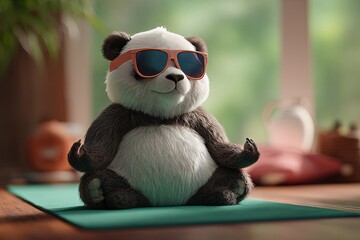 Panda practicing yoga on a bright green mat while wearing stylish 3d glasses for fun