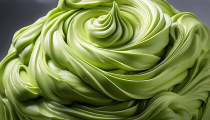 a macro photo of a creamy green swirl of frosting or icing abstract texture of whipped matcha or pistachio buttercream on a neutral gray background