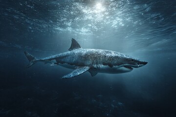 Fototapeta premium Stunning 3d rendering of a majestic shark gracefully swimming in the vibrant underwater world