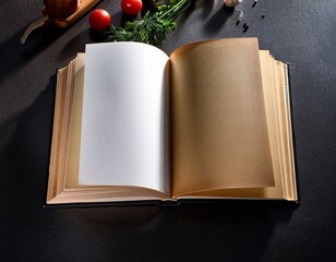 open cookbook on dark countertop