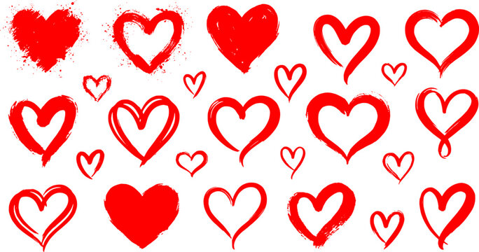 Love heart romantic Large set of various red hand drawn heart shapes including solid splatter and outline styles on transparent background fordesign projects and romantic thematic decorations