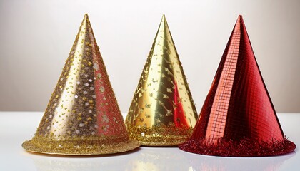 glitter party hats in red and gold styles on white background