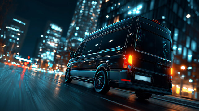 A sleek black van speeds through a vibrant city at night, illuminated by colorful lights reflecting off skyscrapers, creating a dynamic urban atmosphere.