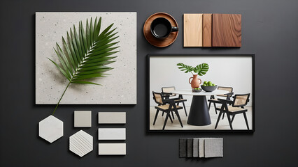 Interior Design Mood Board Material Palette Flat Lay Grey Background