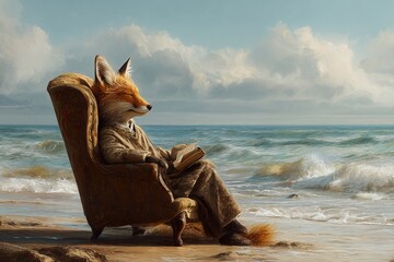 Joyful anthropomorphic fox relaxing in a cozy chair by the ocean waves and scenic view