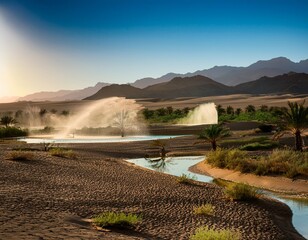 transformation of desert landscape into lush green oasis through irrigation techniques over time
