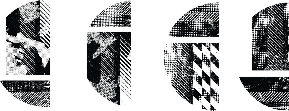 Glitch distorted circles . Noise destroyed logo . Trendy defect error shapes . Glitched frame .Grunge textured . Distressed effect .Vector shapes with a halftone dots screen print texture. 