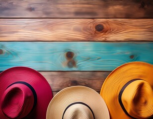 vibrant summer vibes colorful hats on a rustic wooden background