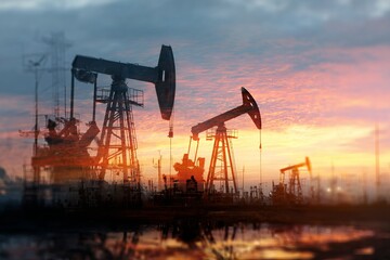 Stunning double exposure of oil pumps silhouetted against a vibrant sunset landscape backdrop
