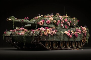Obraz premium Old n 90 military tank adorned with flowers a unique blend of war and nature s beauty