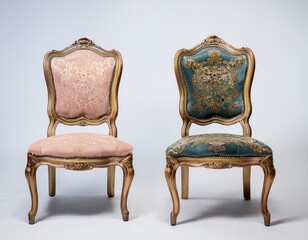 elegant vintage chairs in soft colors with ornate detailing on isolated background