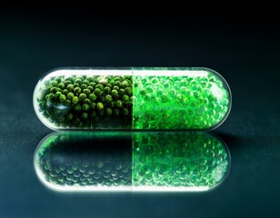 glowing green pills in a transparent capsule