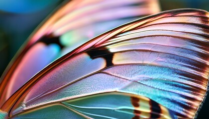 macro detail of an iridescent butterfly wing with delicate highlights in soft pastel colors