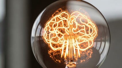 A close-up of a clear glass light bulb illuminating an intricate filament shaped like a human brain against a soft blurred background