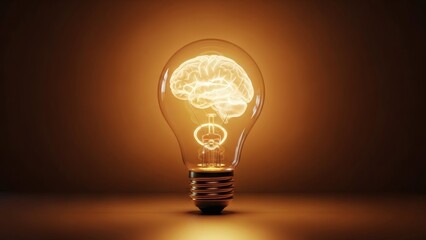 A glowing light bulb contains a translucent brain standing on a reflective surface against a warm dark background