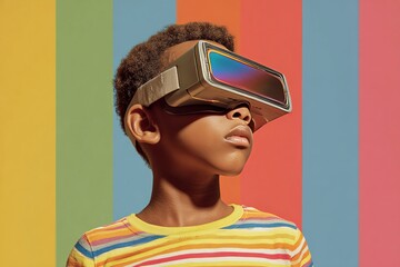 Portrait of an african american boy with vr goggles on a colorful rainbow striped background