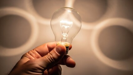 A hand holds an illuminated incandescent light bulb glowing brightly against a warm out-of-focus background with circular light patterns