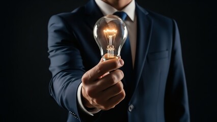 A person in a dark suit and white shirt holds an illuminated incandescent light bulb with a glowing filament presented centrally against a dark background
