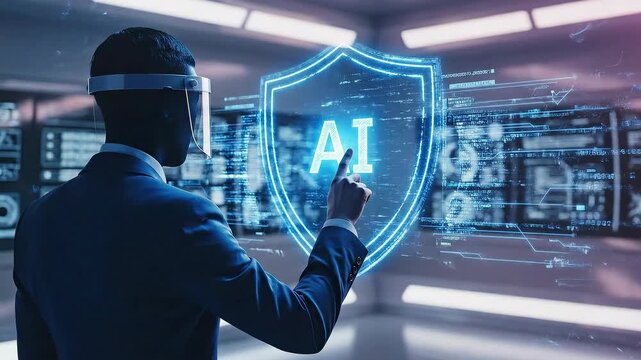 Man Interacting with Futuristic AI Security Shield Hologram.