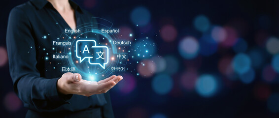 The Art of Communication: A person presents an illuminating digital graphic illustrating translation and language with the words of other languages.