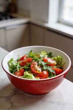 Bowl vermelho com salada fresca de r&uacute;cula alface tomates nutri&ccedil;&atilde;o dieta vida saud&aacute;vel